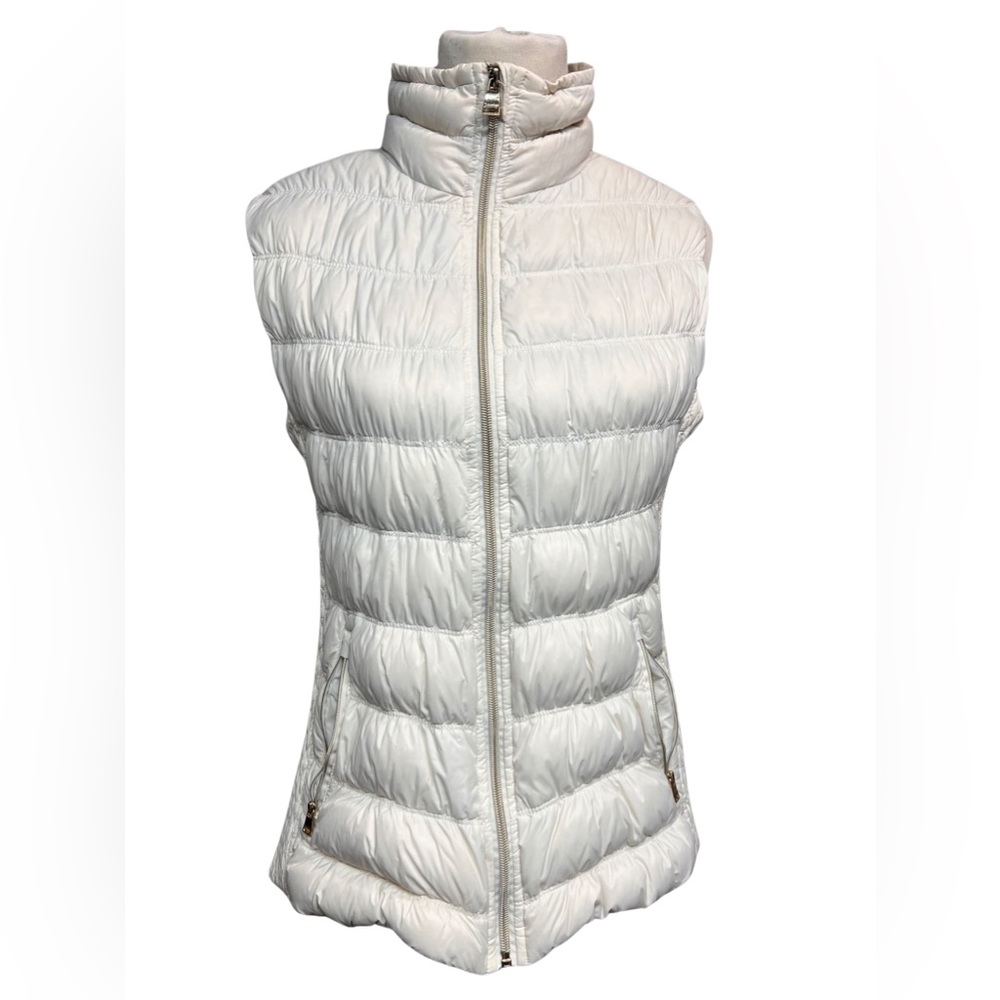 Calvin Klein White Puffer Vest Zipper Front Black and White Stripped Trim - Picture 2 of 11